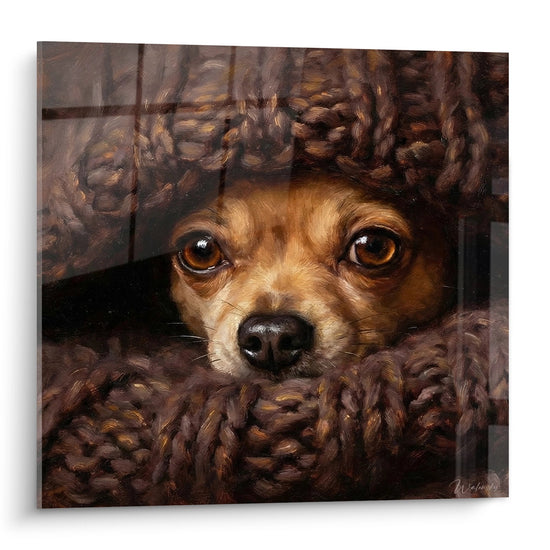 Quadro chihuahua avvolto in coperta lavorata a maglia marrone occhi espressivi pelo dorato arte murale tenera