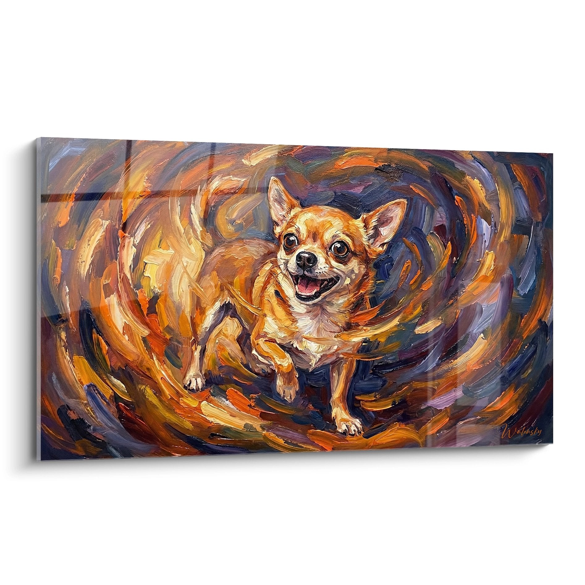 Tableau chihuahua expressionniste aux tons oranges et bleus dans un tourbillon de couleurs dynamiques