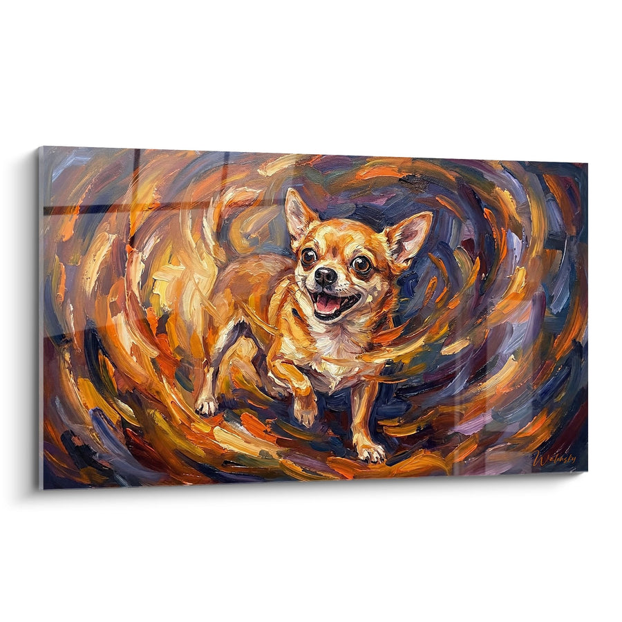 Tableau Chihuahua Dynamique aux Tons Oranges et Bleus - Tourbillon de Joie - Edition Tableau Chihuahua