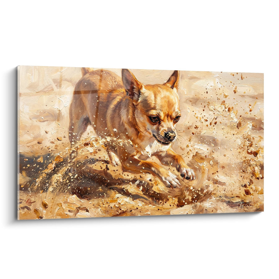 Tableau Chihuahua Fauve Courant dans l'Eau - Éclats Dorés - Edition Tableau Chihuahua