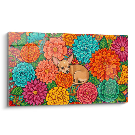 tableau decoratif chihuahua fauve entoure de fleurs tropicales colorees orange turquoise rose violet