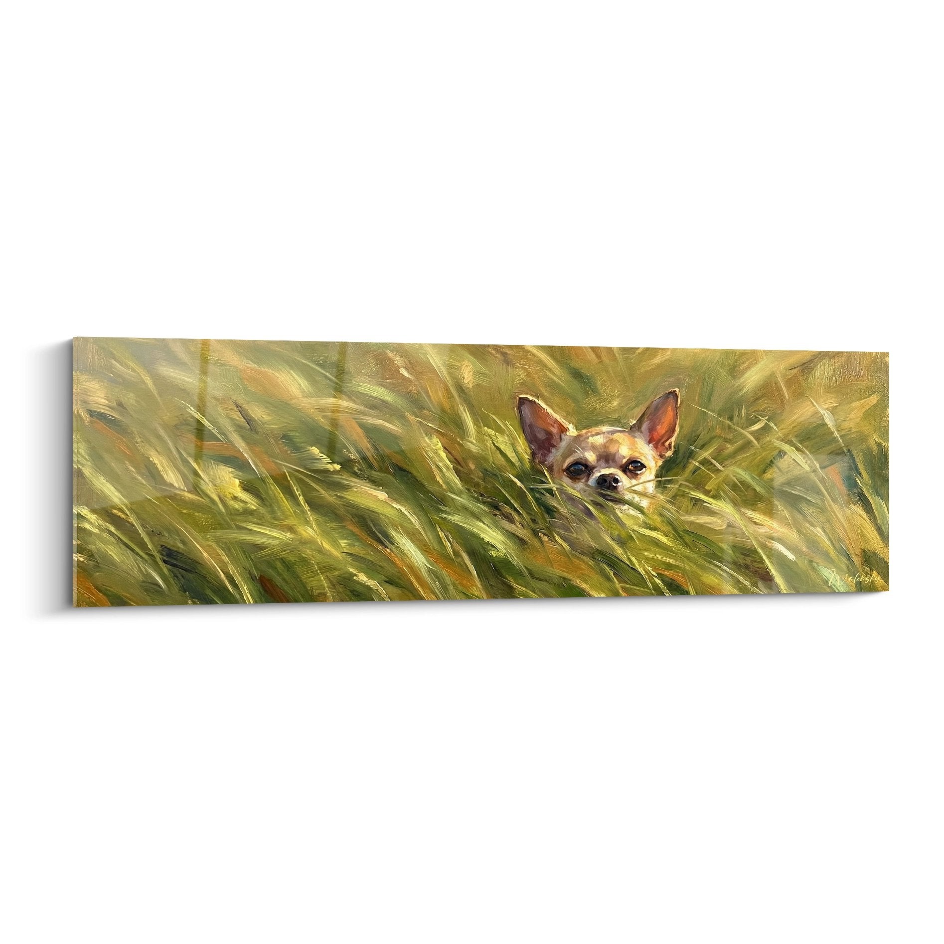 tableau chihuahua dans herbes dorees regard tendre peinture animaliere tons ocre