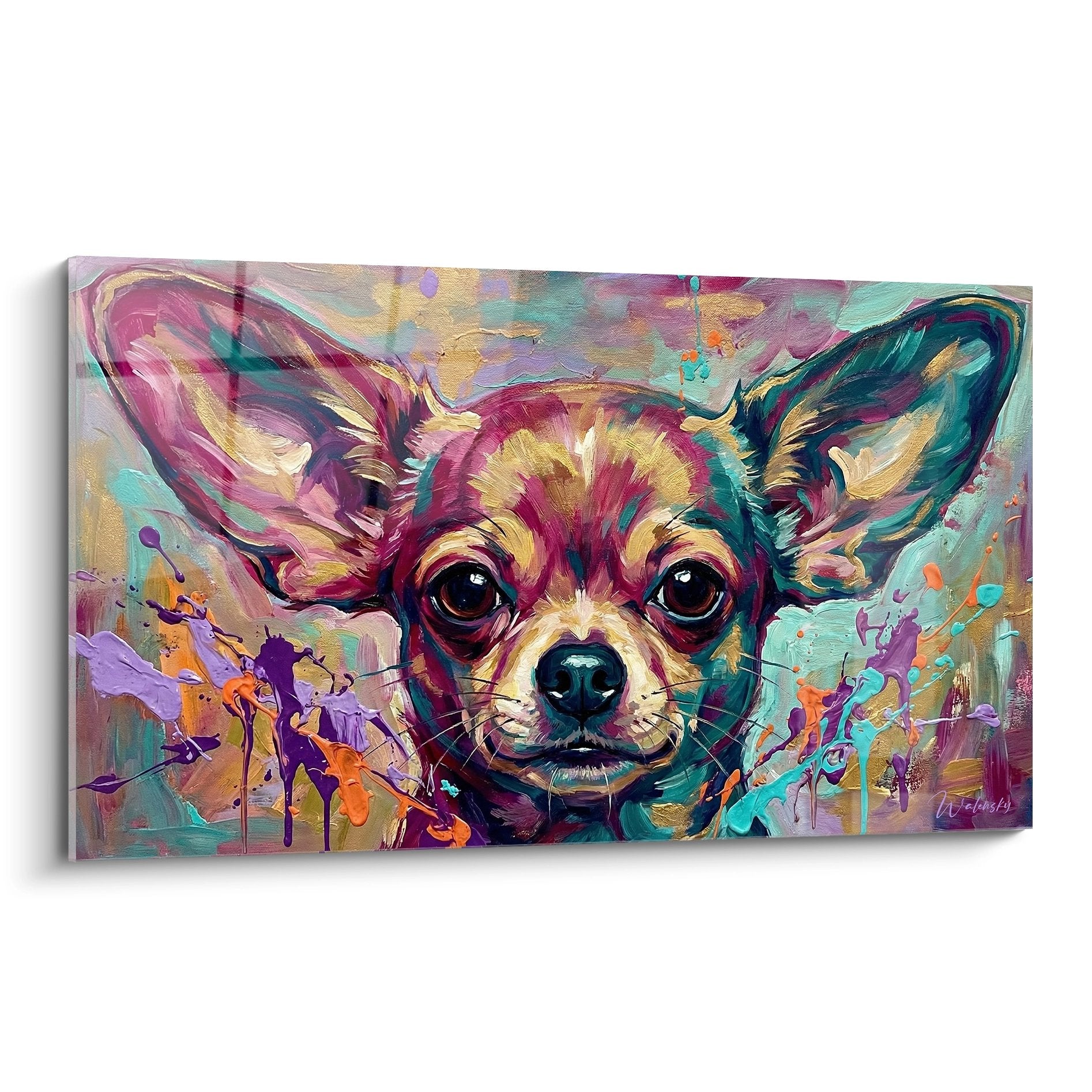 Tableau moderne de Chihuahua aux couleurs vives roses turquoises et dorées style expressionniste contemporain