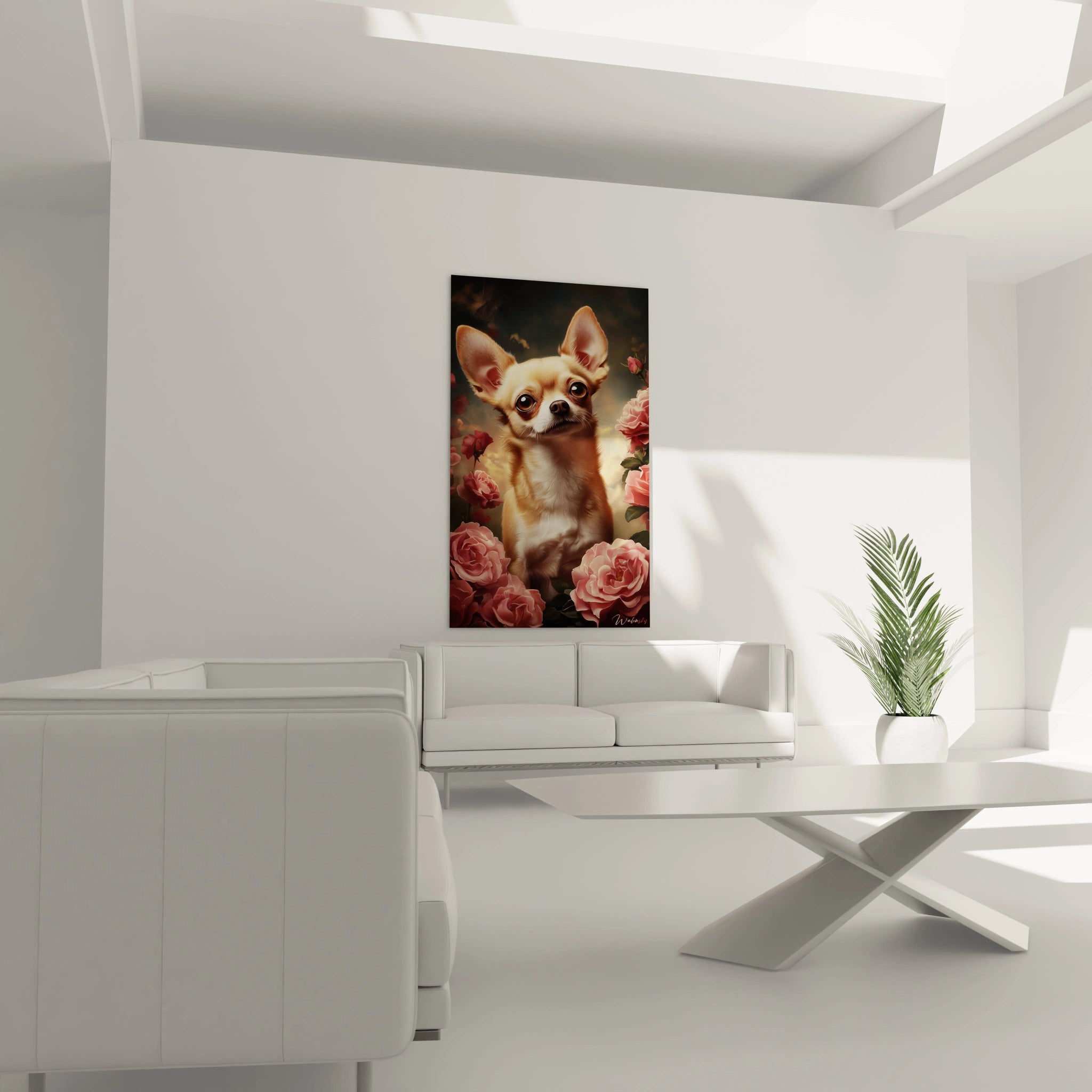 Un tableau Chihuahua au regard intense fixant l'observateur, encadré par des roses aux pétales délicatement rendus. Textures minutieuses du pelage beige et blanc, oreilles dressées triangulaires et nuances roses des fleurs finement détaillées.
