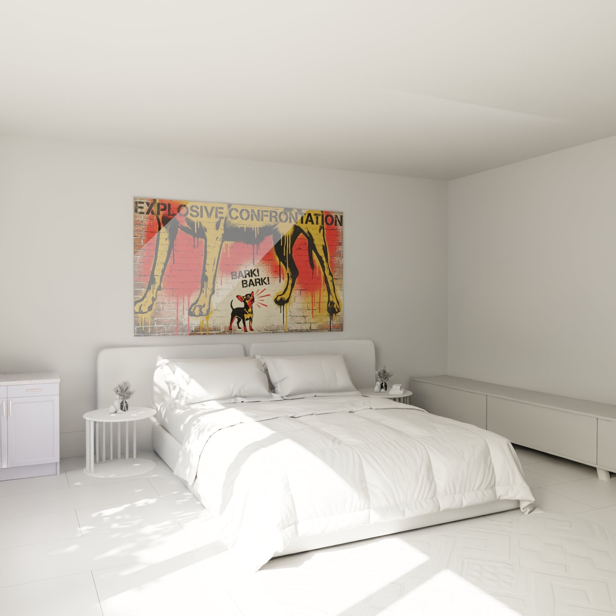 tableau chihuahua street art decoration chambre mur brique graffiti urbain couleurs vives rouge jaune