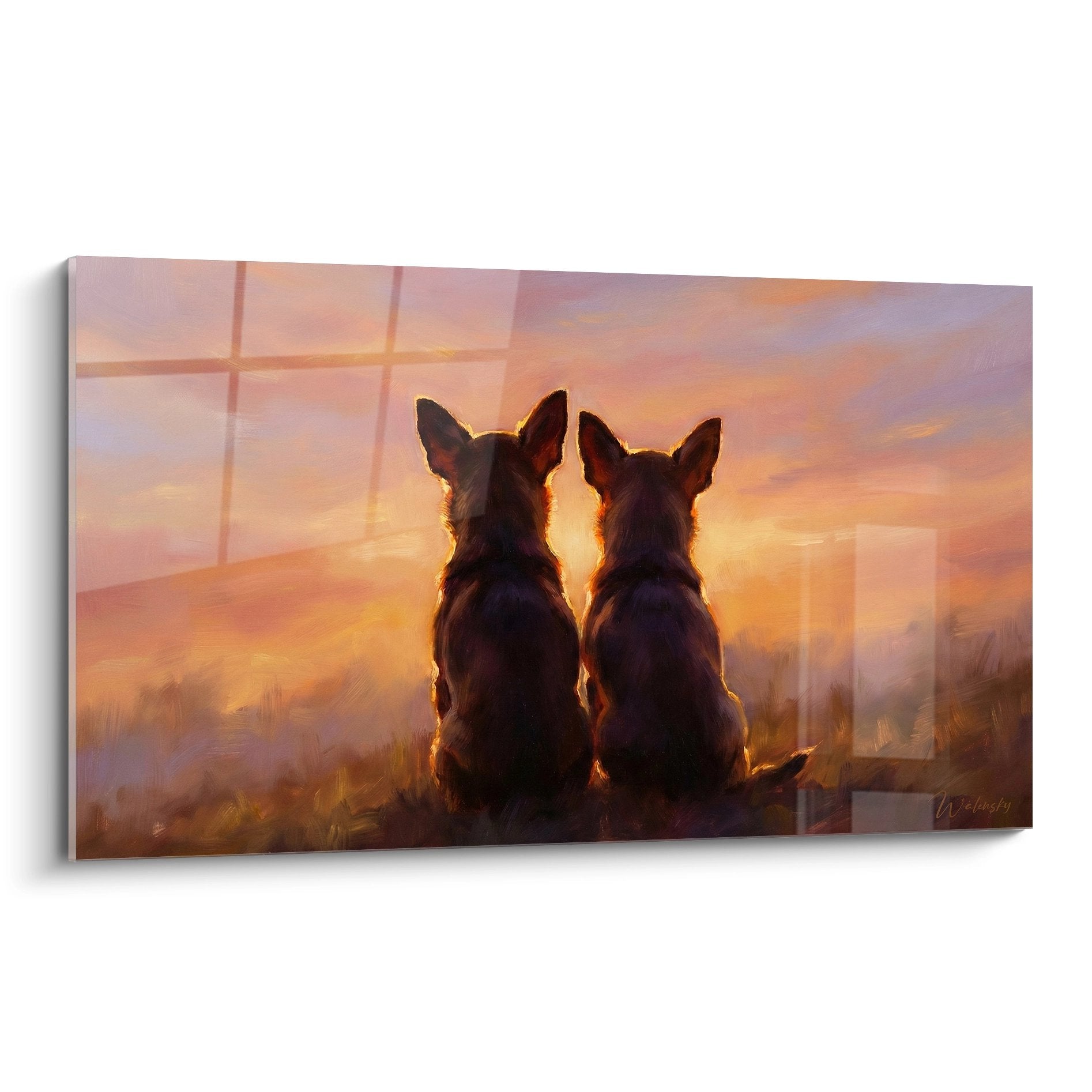 tableau deux chihuahuas silhouettes coucher soleil tons dores oranges fenetre complicite chiens