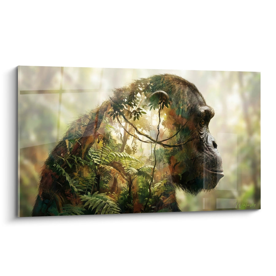 Tableau Chimpanzé Double Exposition Végétale aux Tons Dorés et Verts - Symbiose Sauvage - Edition Chimpanzé