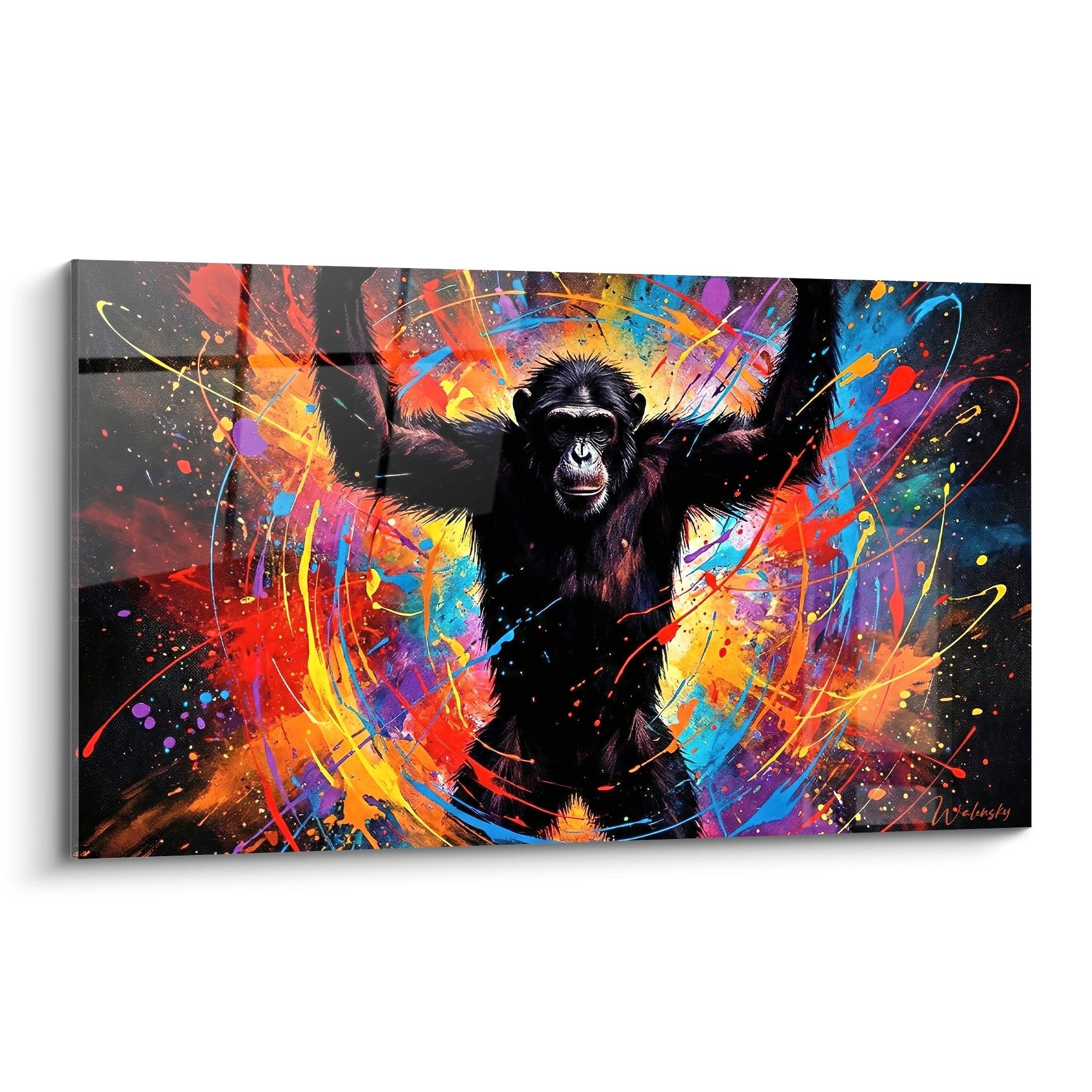 Tableau moderne chimpanzé explosion couleurs vives orange bleu violet style street art contemporain