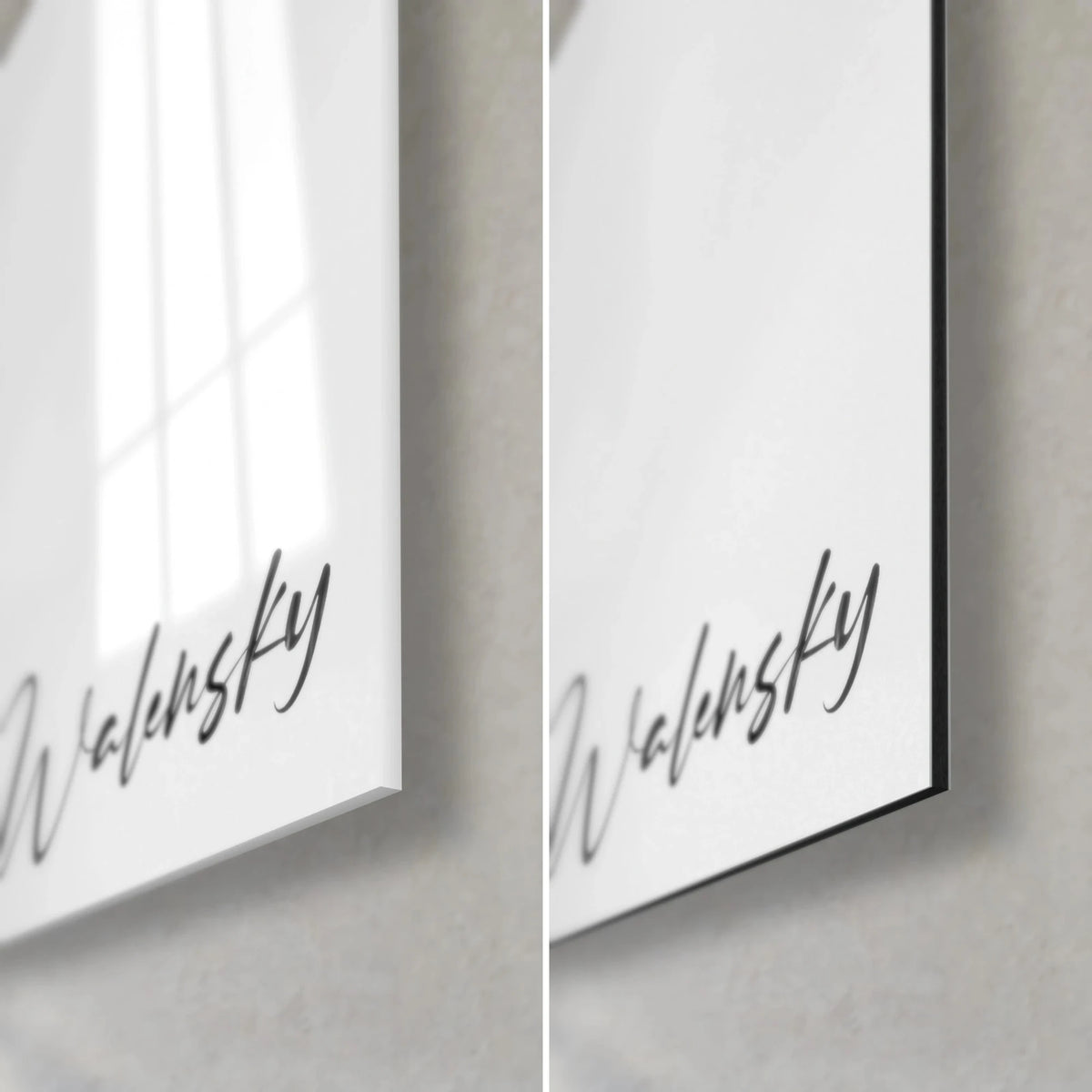 Wall art black and pearl grey monkey, bottom right corner: glossy acrylic glass on the left, matte Dibond aluminium on the right, 3 mm edge