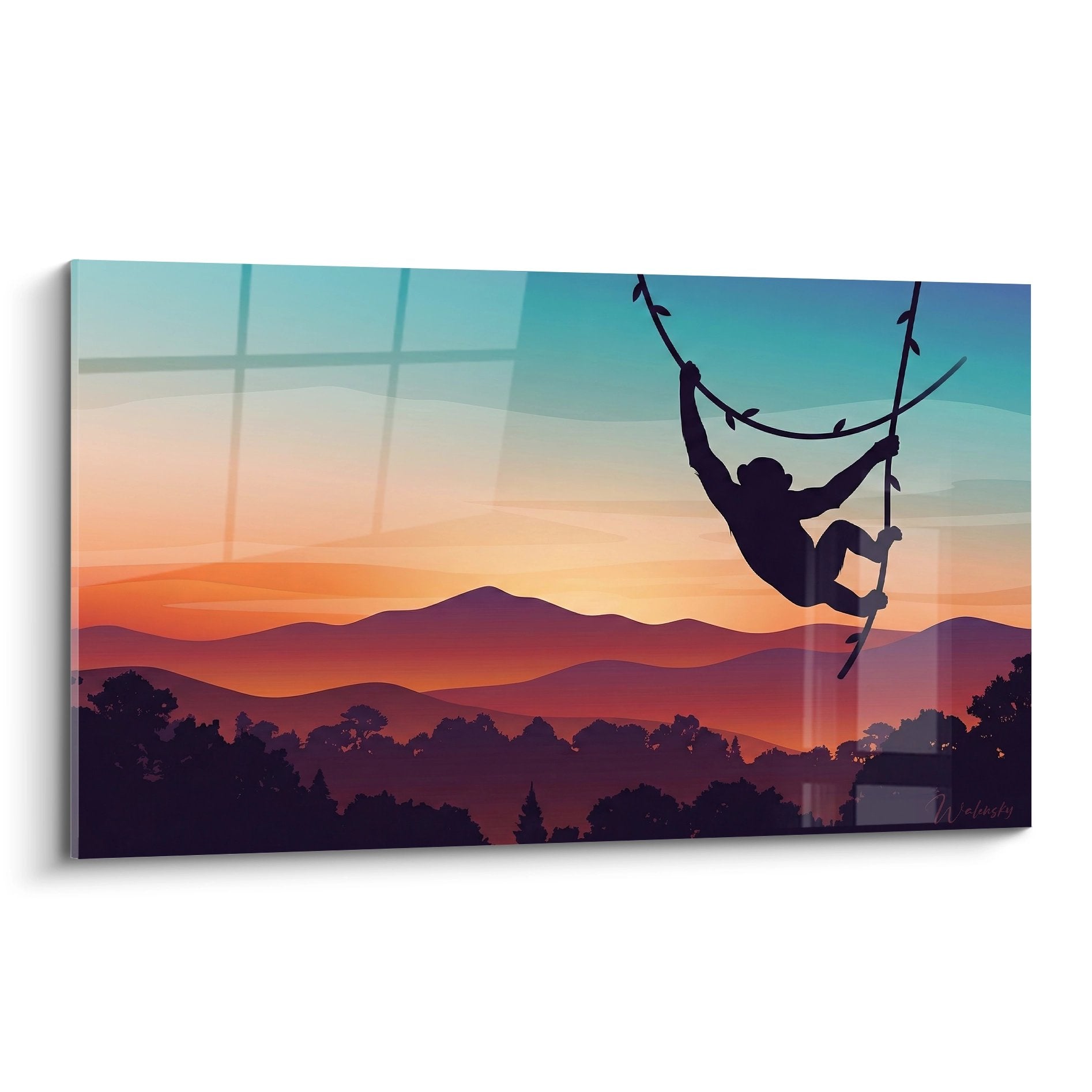 Tableau chimpanzé suspendu coucher soleil montagnes dégradé orange turquoise silhouette nature sauvage déco murale