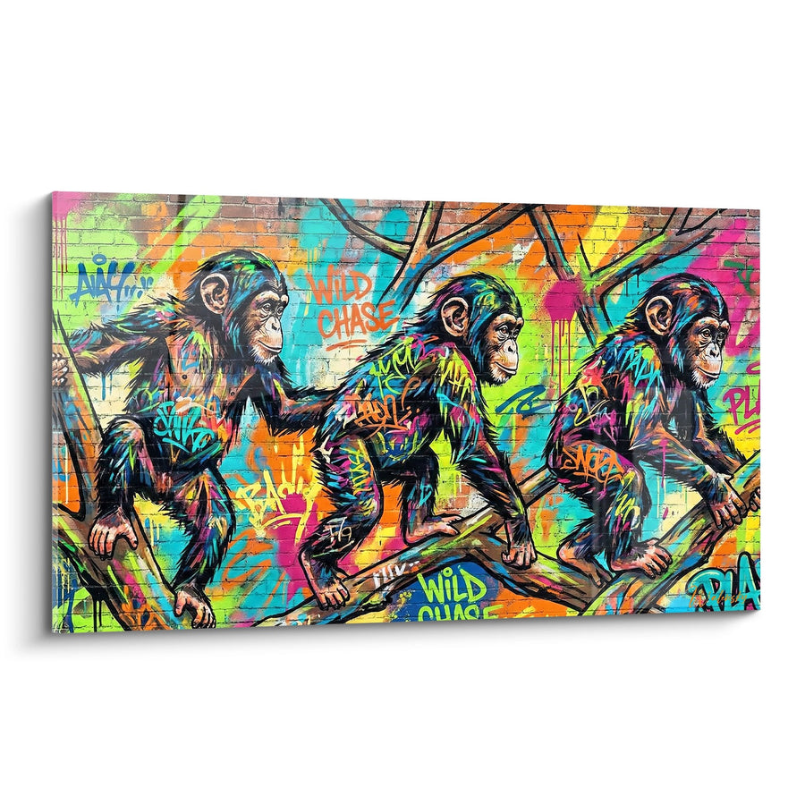 Tableau Trio de Chimpanzés en Graffiti Multicolore sur Mur de Briques - Évasion Urbaine - Edition Chimpanzé
