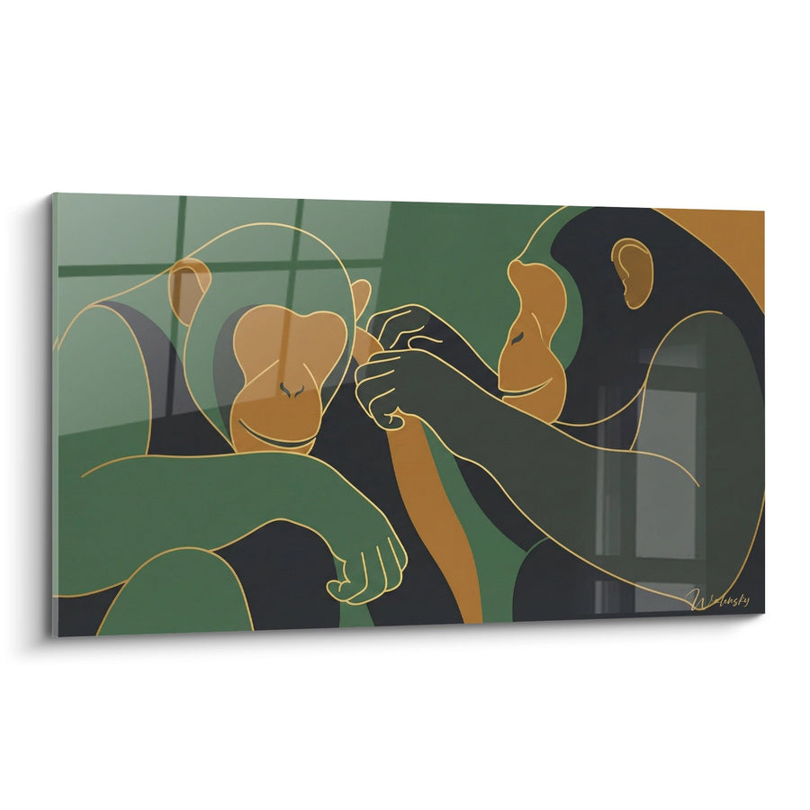 Tableau Chimpanzés Stylisés aux Tons Verts et Dorés - Complicité Moderne - Edition Chimpanzé