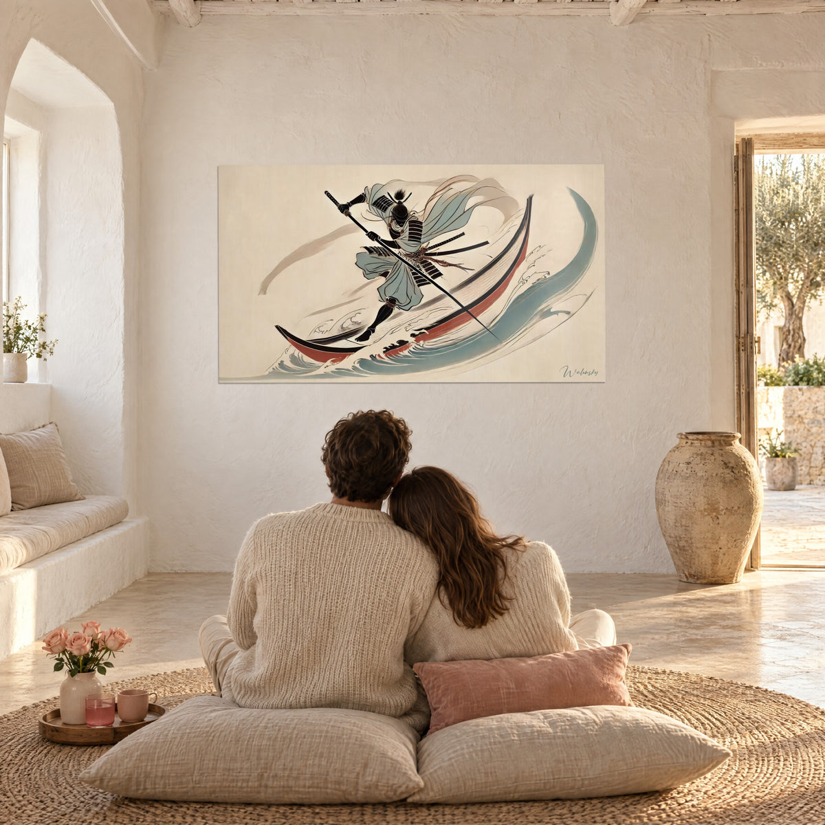 Πίνακας πολεμιστή σε στυλ ukiyo-e που αναδύεται από κύμα, σκούρο κόκκινο και τυρκουάζ σε κρεμ χαρτί, απέναντι σε ζευγάρι σε μαξιλάρια