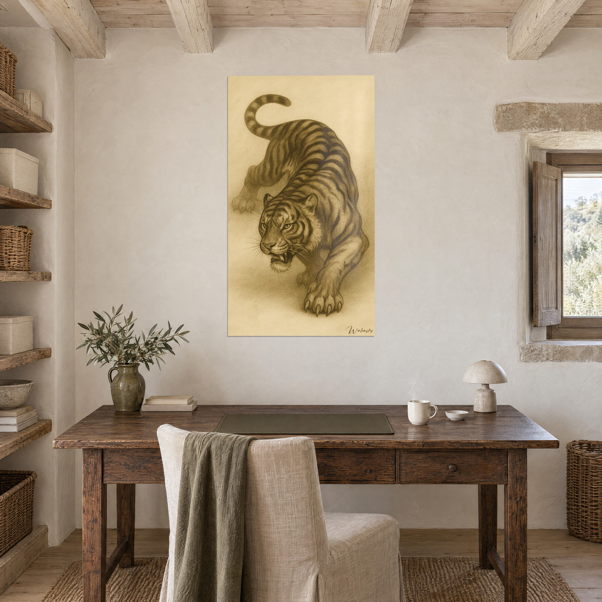 Gemälde Bengaltiger in Sepia-Zeichnung, braunes und cremefarbenes Fell, ausgestreckte Vorderpfote, über einem Schreibtisch aus altem Holz