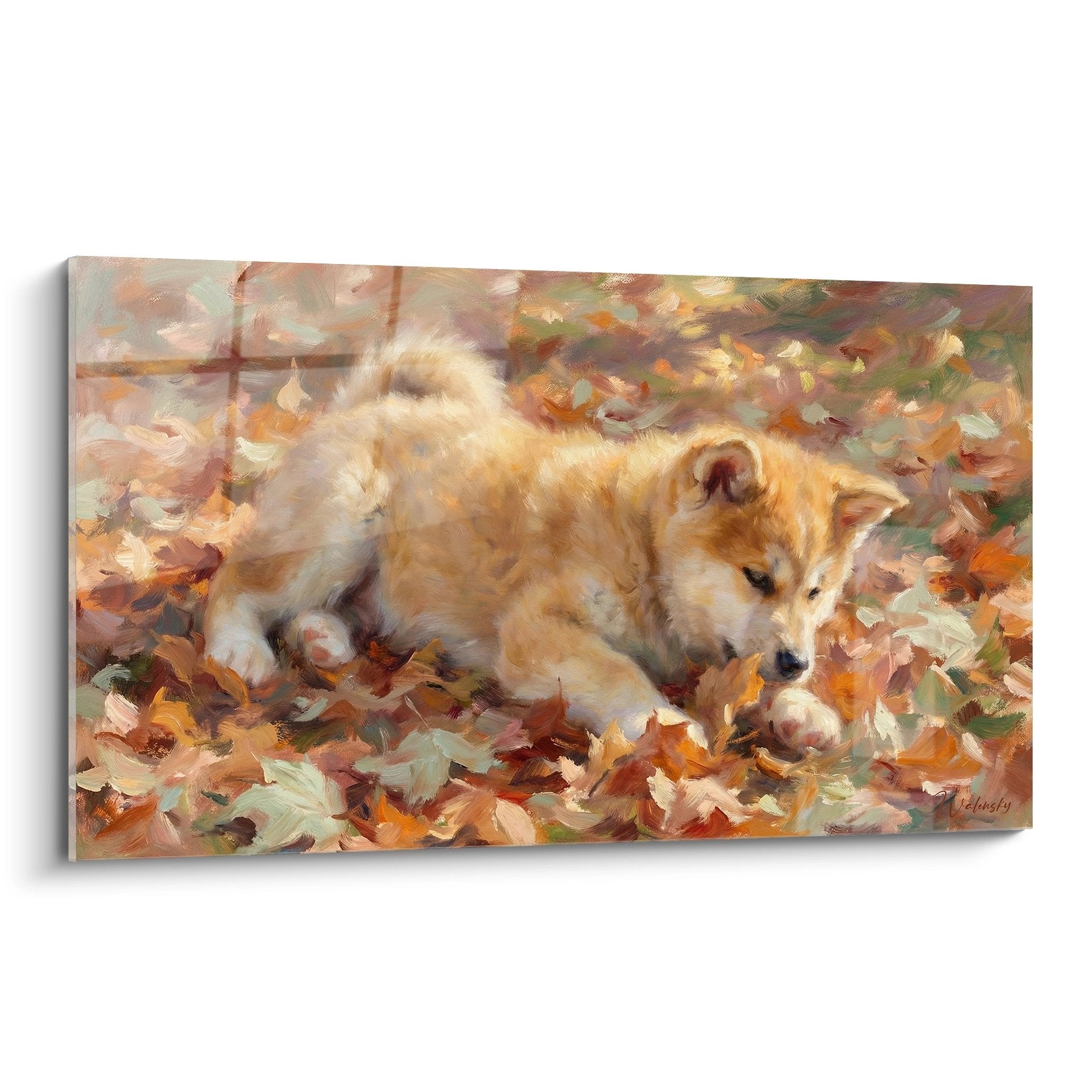 Tableau peinture chiot Akita Inu dore jouant dans feuilles automne style impressionniste tons chauds ocre roux