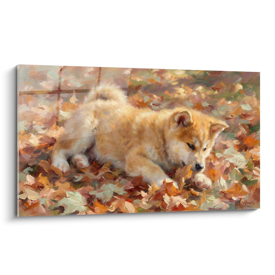 Tableau Chiot Akita Inu Doré dans les Feuilles d'Automne - Tendresse Automnale - Edition Akita Inu