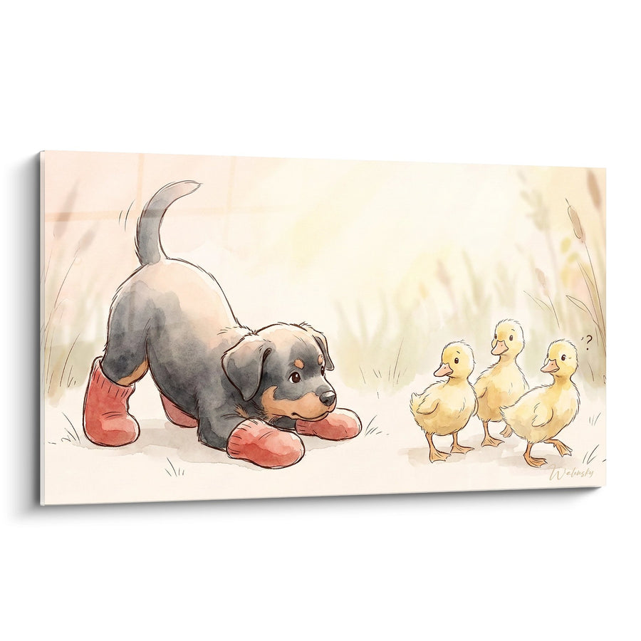 Gemälde Beaucerons Welpe mit gelben Entenküken - Erste Begegnung - Beauceron Edition