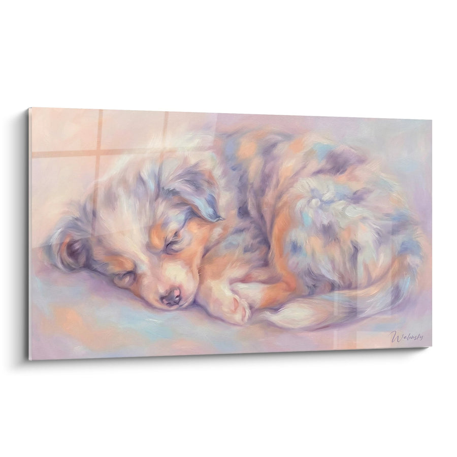 Tableau Chiot Endormi aux Tons Pastel - Tendresse Matinale - Edition Berger Americain Miniature