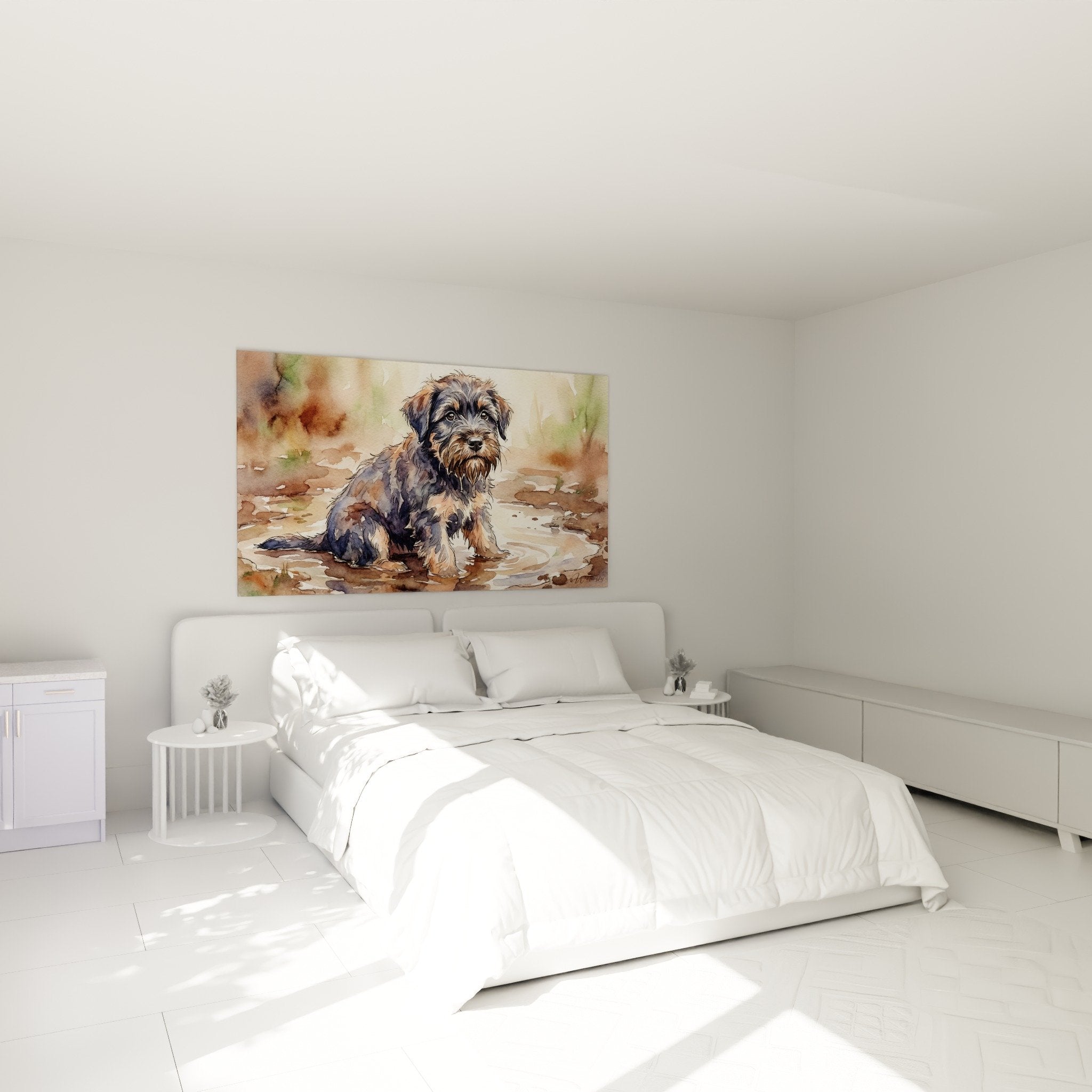 Quadro cucciolo Bovaro delle Fiandre acquerello camera decorazione murale toni caldi atmosfera morbida