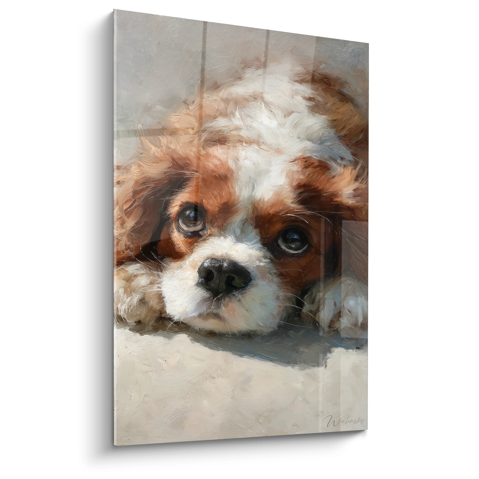 Tableau portrait chiot Cavalier King Charles couche aux yeux tendres et pelage brun blanc peint a l huile