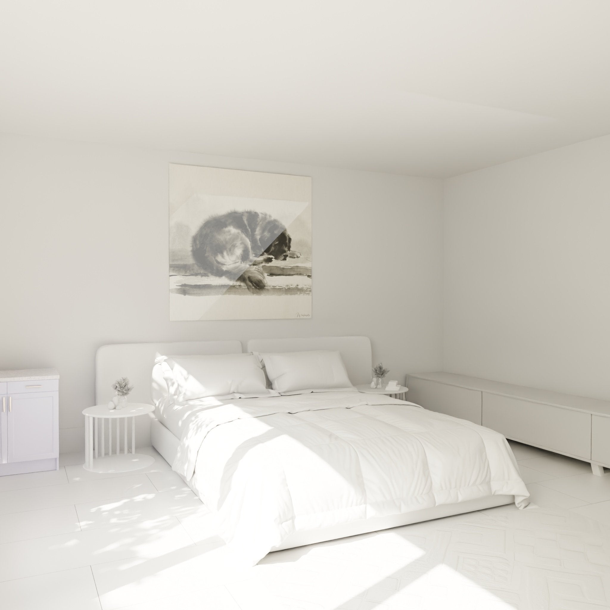 tableau aquarelle chiot leonberg gris dans chambre decoration murale art animalier