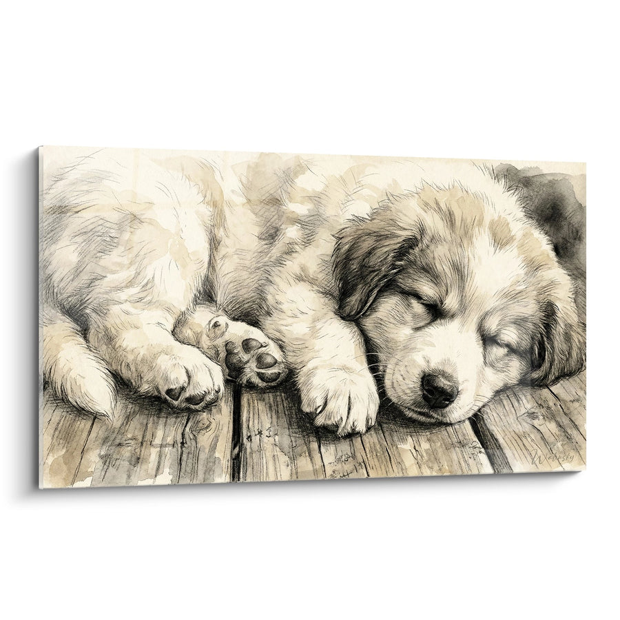 Tableau Chiot Endormi aux Tons Sépia - Tendresse Canine - Edition Montagne des Pyrénées