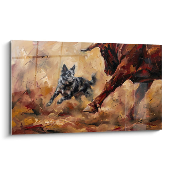 Cuadro de Cachorro Mudi Corriendo Dinámicamente Sobre Fondo Ocre y Rojo - Energía Canina - Edición Mudi