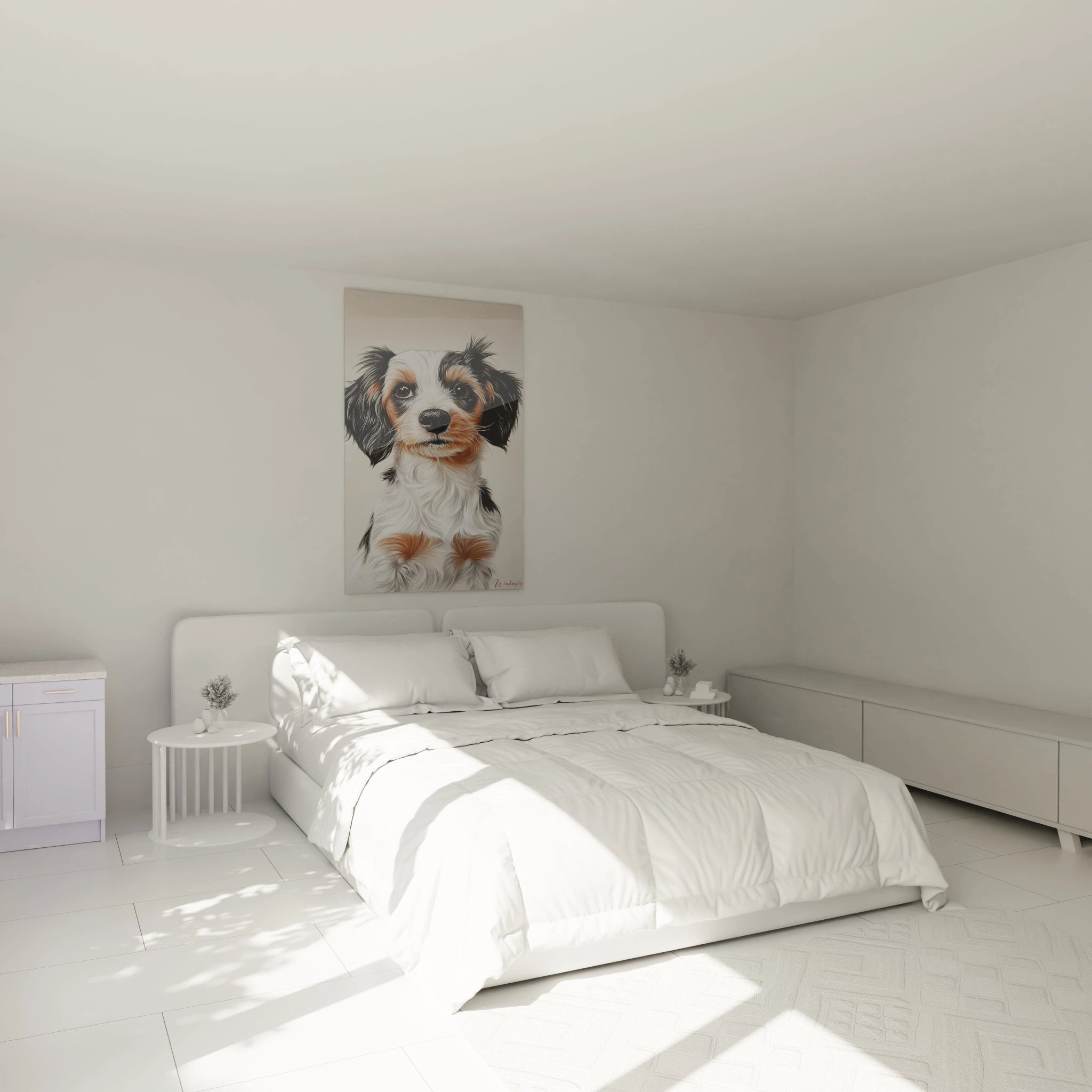 Un tableau chiot aux yeux expressifs bruns, présentant un jeune chien au pelage tricolore blanc, noir et marron. Les détails des poils sont rendus avec précision, créant une texture réaliste et volumineuse.
