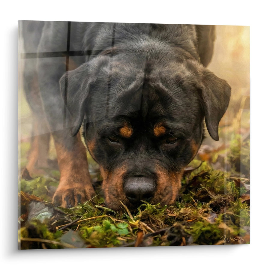 Tableau Chiot Rottweiler aux Yeux Ambrés dans la Mousse - Tendresse Naturelle - Edition Rottweiler