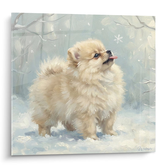 Tableau chiot Spitz Poméranien beige langue rose dans neige flocons blancs ambiance hivernale tendre