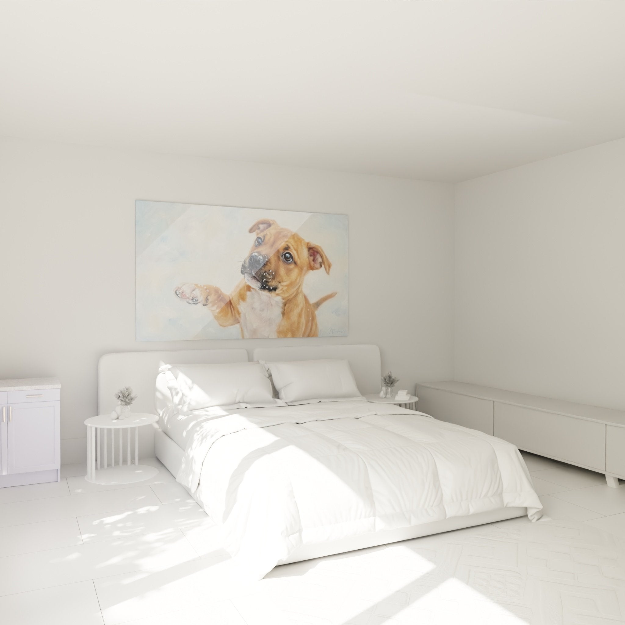Stafford Bull Terrier Welpe Gemälde im Schnee dekoriert modernes Schlafzimmer mit hellen Tönen und skandinavischen Möbeln