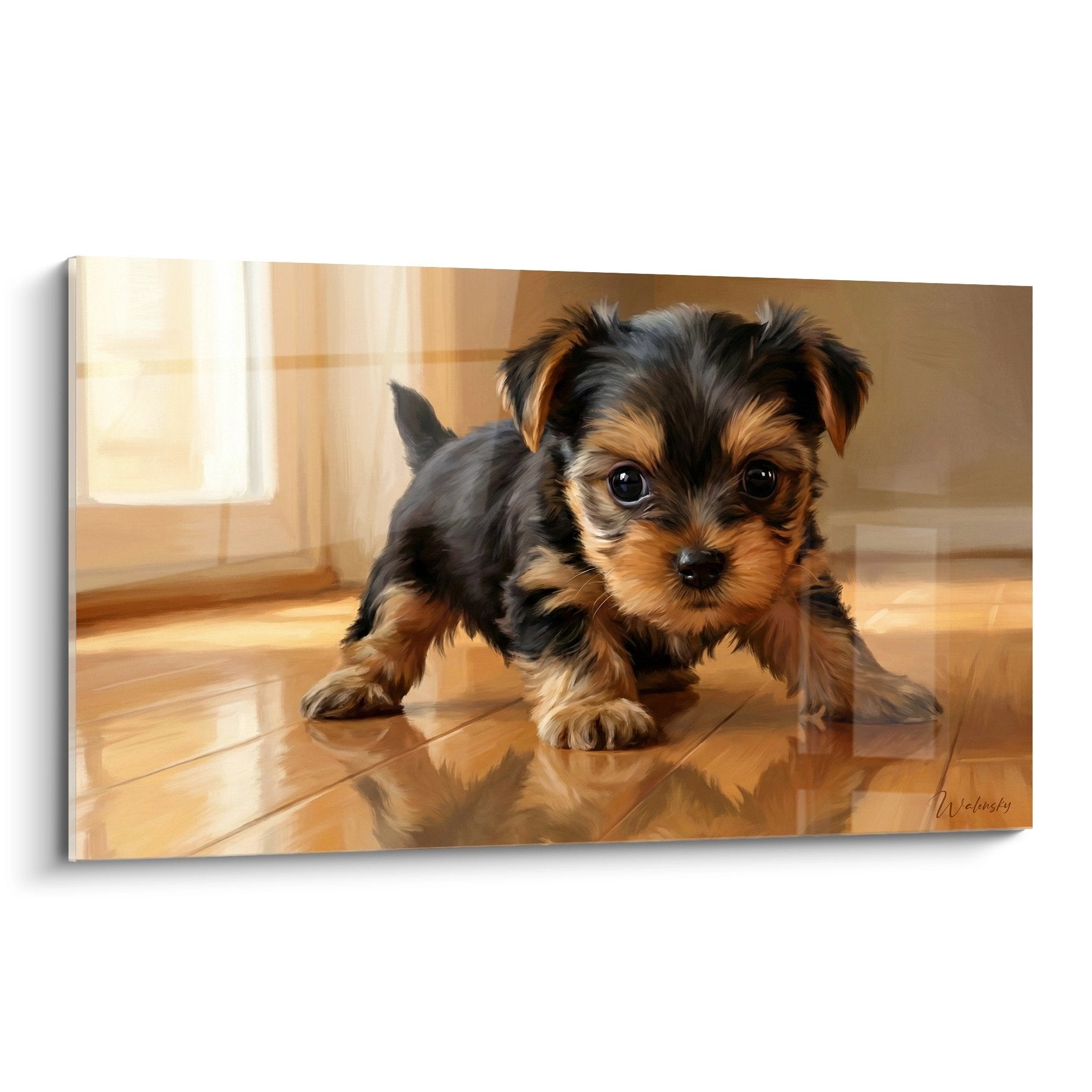 Tableau chiot Yorkshire Terrier aux tons dorés posé sur parquet brillant avec reflets chauds