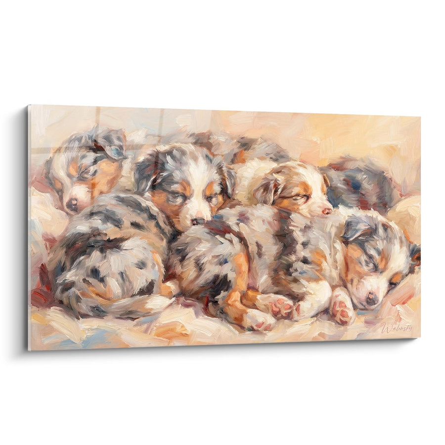 Tableau Chiots Endormis aux Couleurs Douces - Tendresse Canine - Edition Berger Americain Miniature