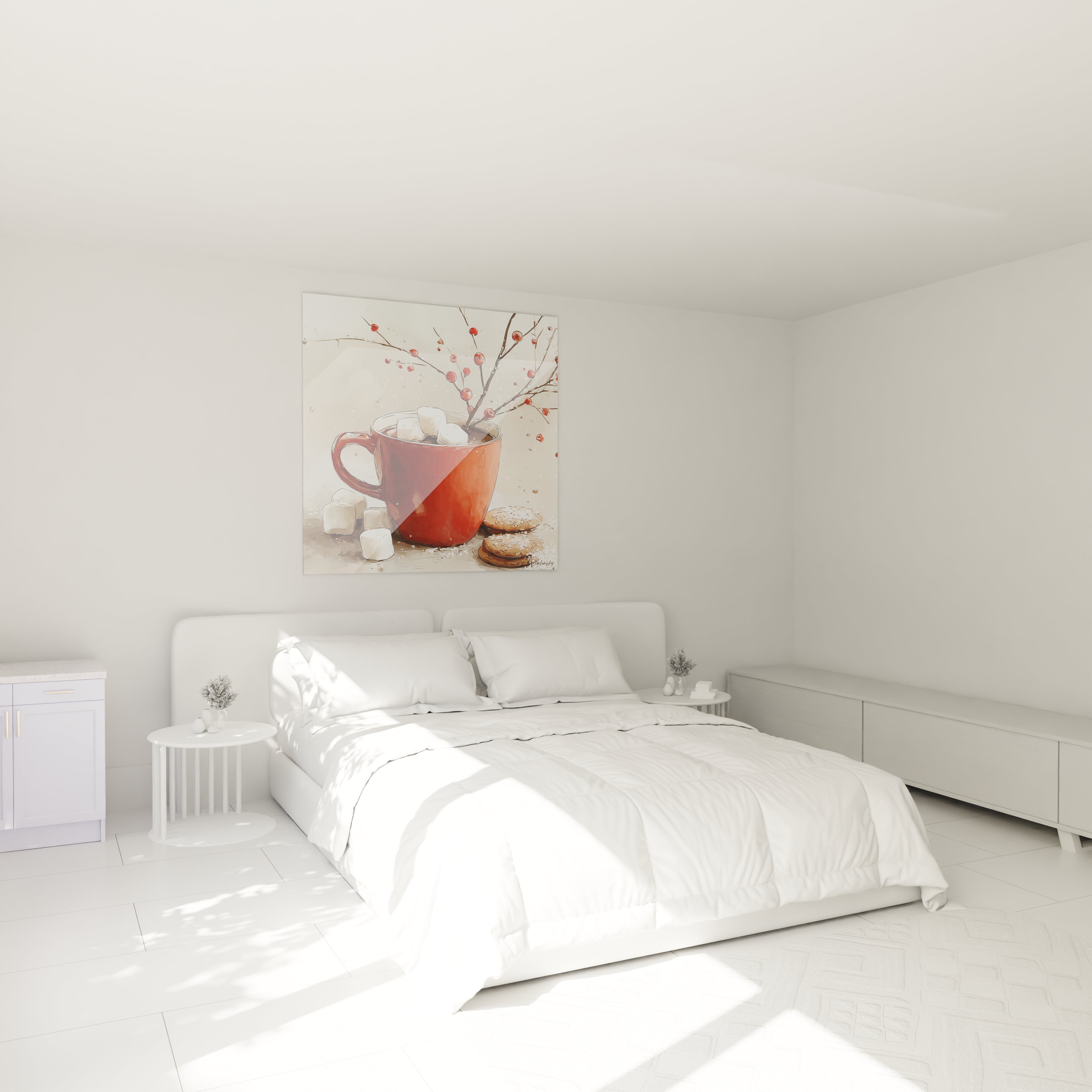 Tableau chocolat chaud cocon festif sur un mur dans une chambre lumineuse avec un lit blanc