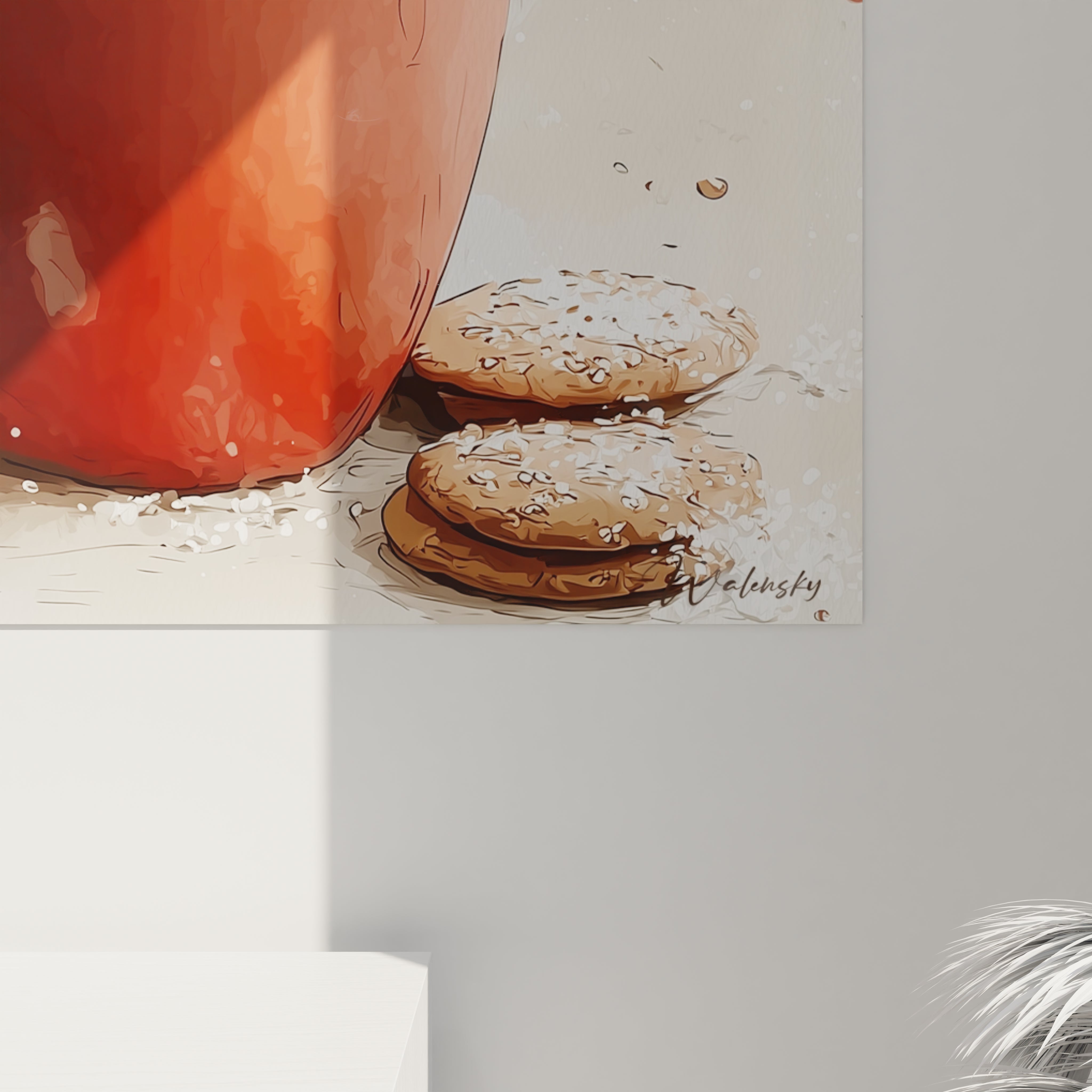 Tableau chocolat chaud cocon festif par Walensky avec une tasse rouge et des biscuits en arrière-plan