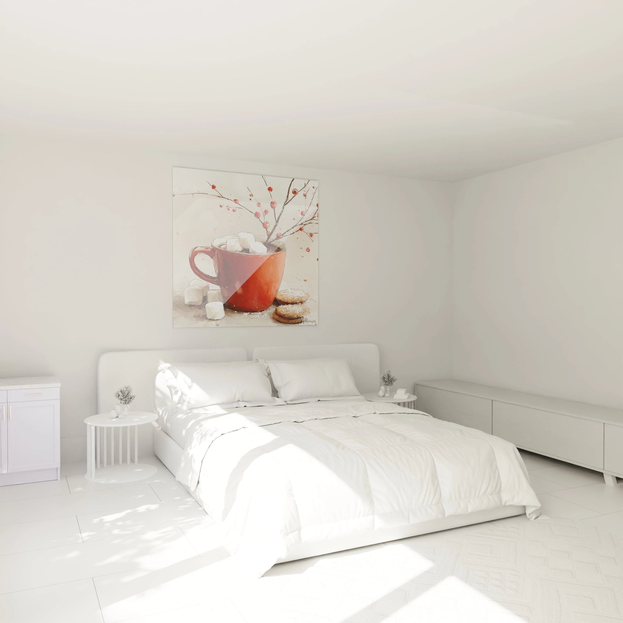 Tableau chocolat chaud cocon festif sur un mur dans une chambre lumineuse avec un lit blanc