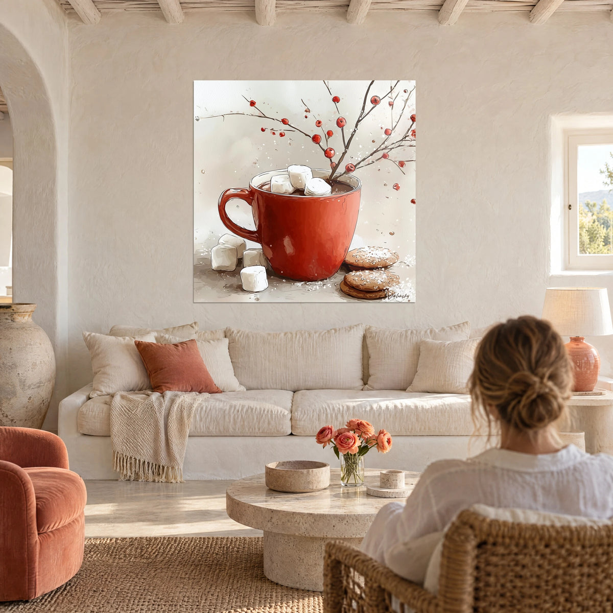 Cuadro de una taza roja lacada de chocolate caliente, nubes blancas y ramas de bayas rojas, sobre un sofá en un salón luminoso