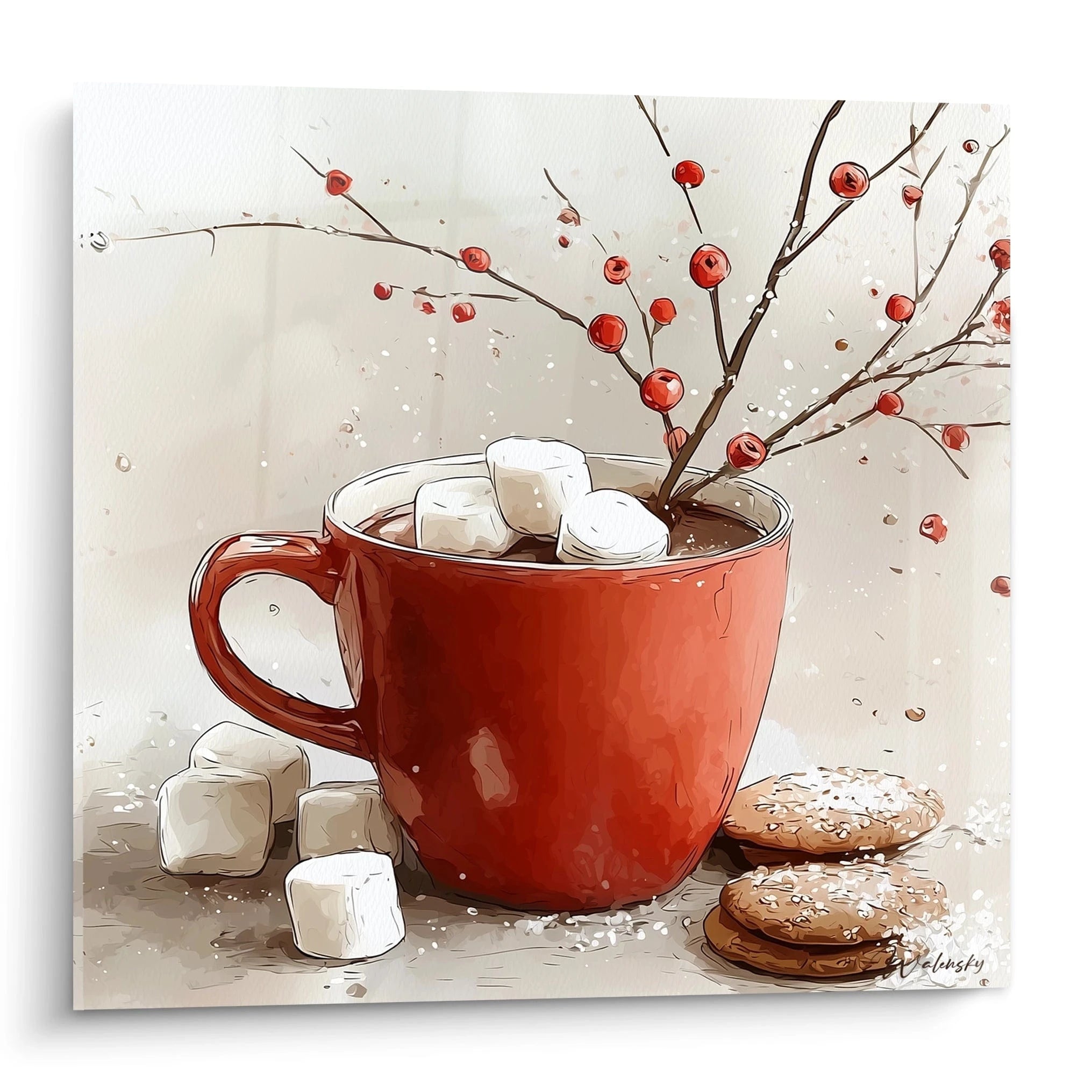 Tableau chocolat chaud cocon festif avec une tasse rouge, des marshmallows et des biscuits