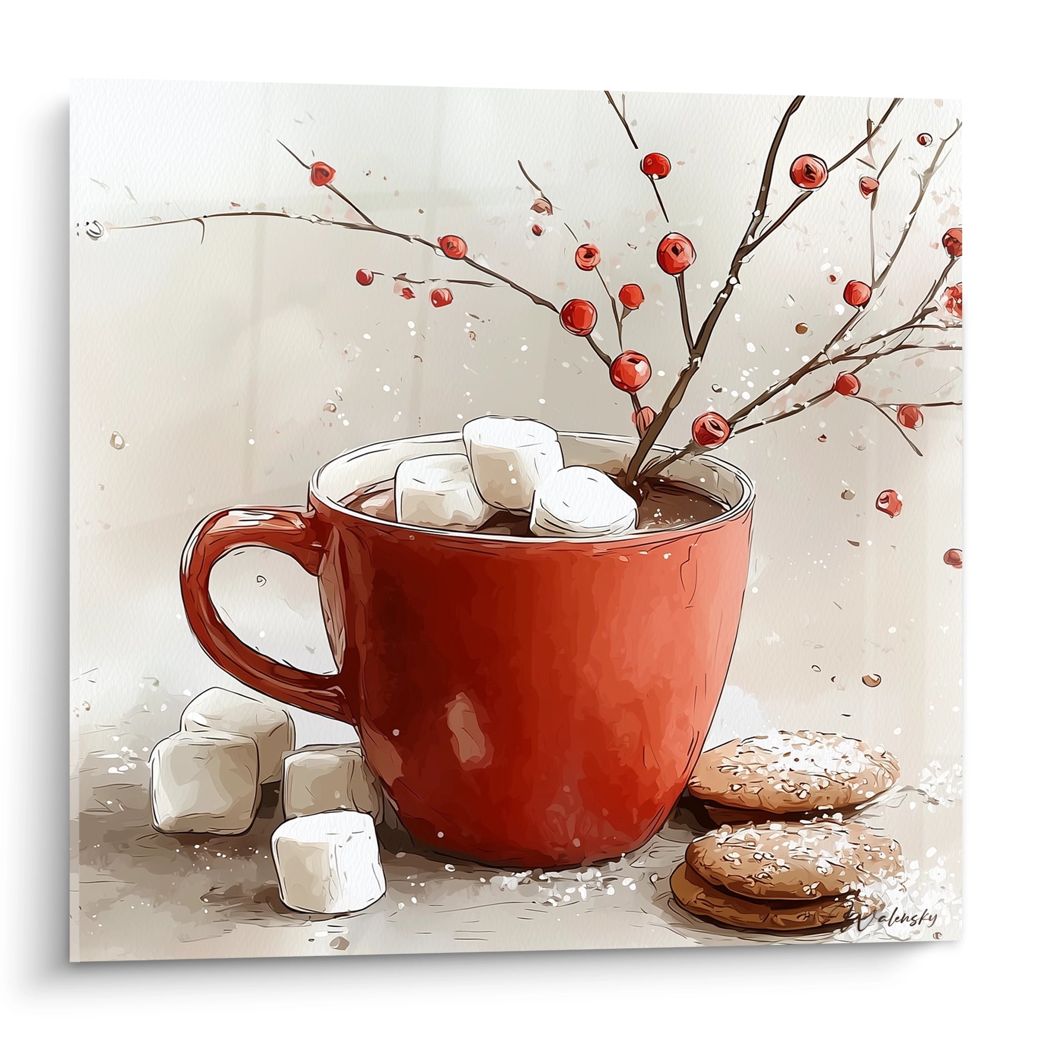 Tableau chocolat chaud cocon festif avec une tasse rouge, des marshmallows et des biscuits