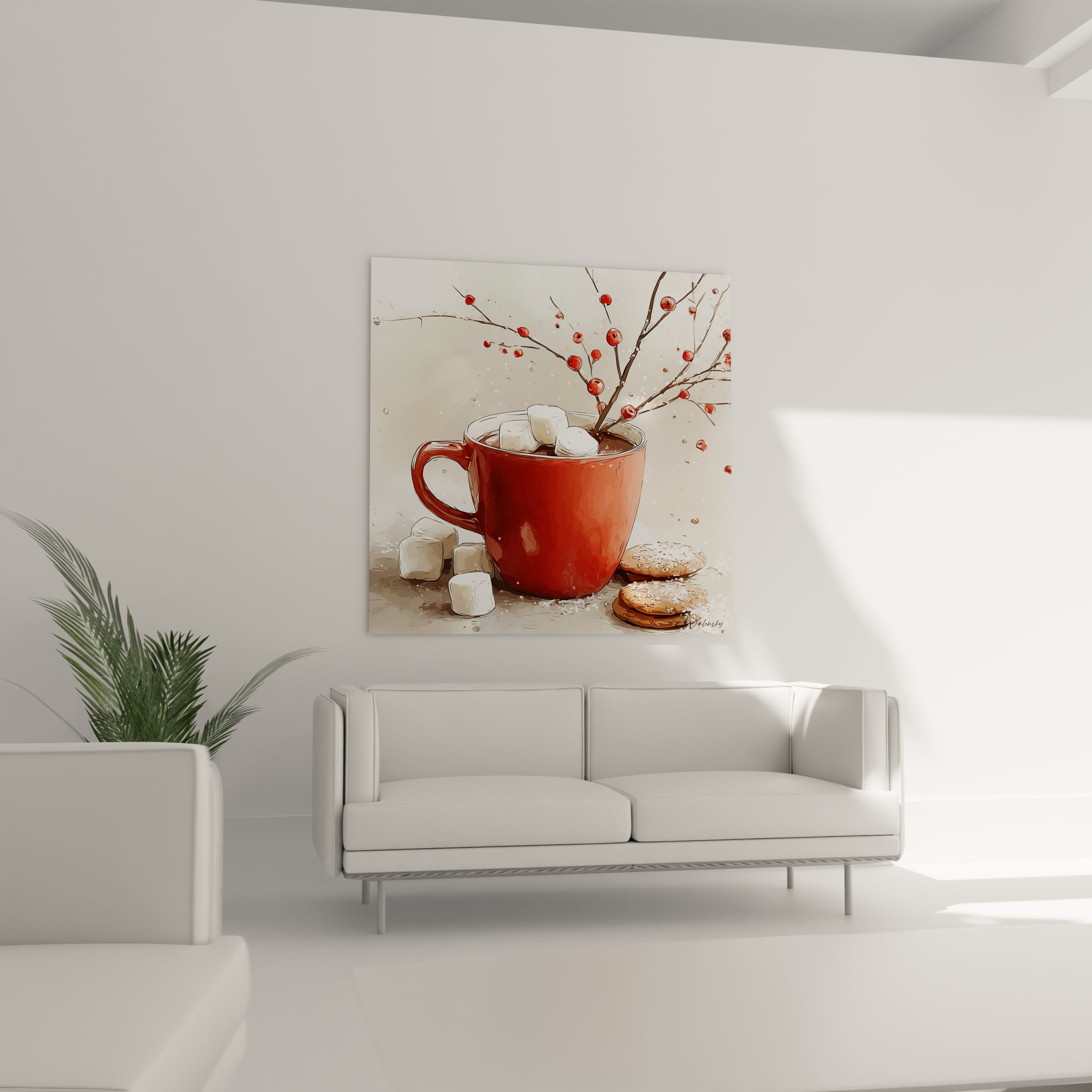 Tableau chocolat chaud cocon festif avec une tasse rouge et des guimauves sur fond clair