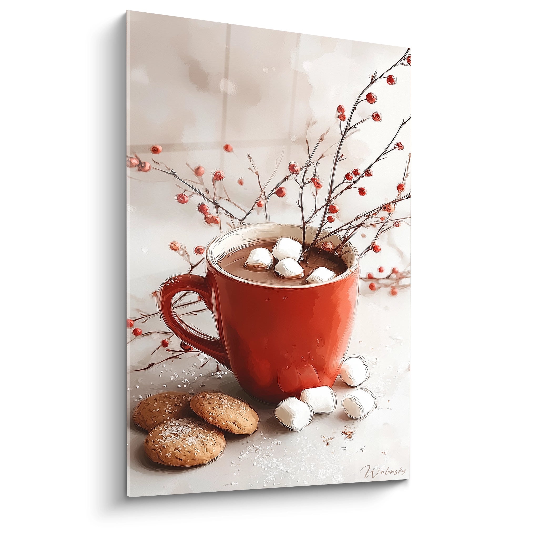 Tableau chocolat décoration murale Noël avec tasse rouge, guirlande de branches et biscuits sur une table