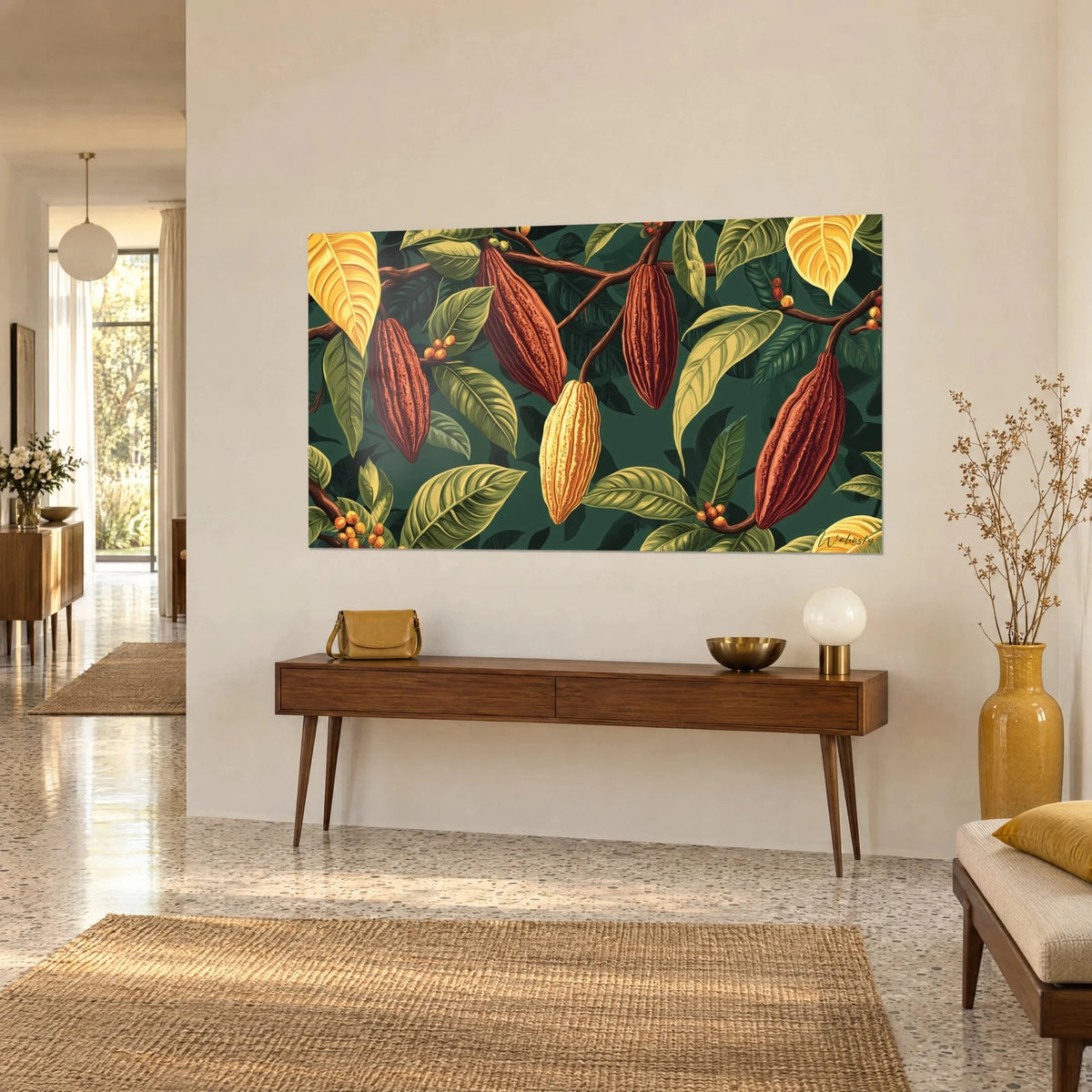 Schilderij met cacaotakken vol roestkleurige en okerkleurige vruchten op een dennengroene achtergrond, driekwartaanzicht boven een houten console