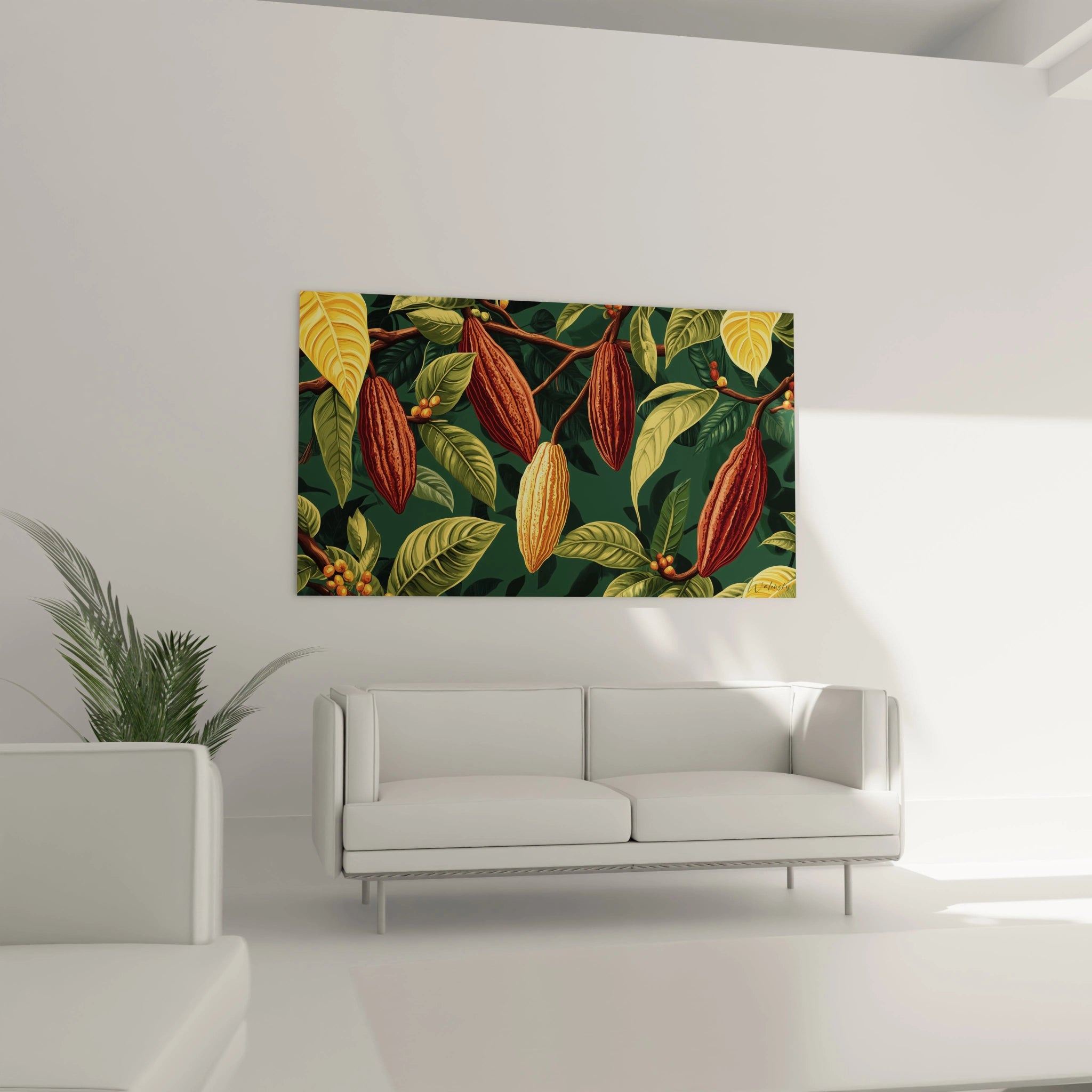 Un tableau chocolat mettant en avant des cabosses mûres et jeunes dans un cadre naturel. La composition affiche des tons verts, marron et jaune, avec un effet de profondeur accentué par des ombres réalistes.

