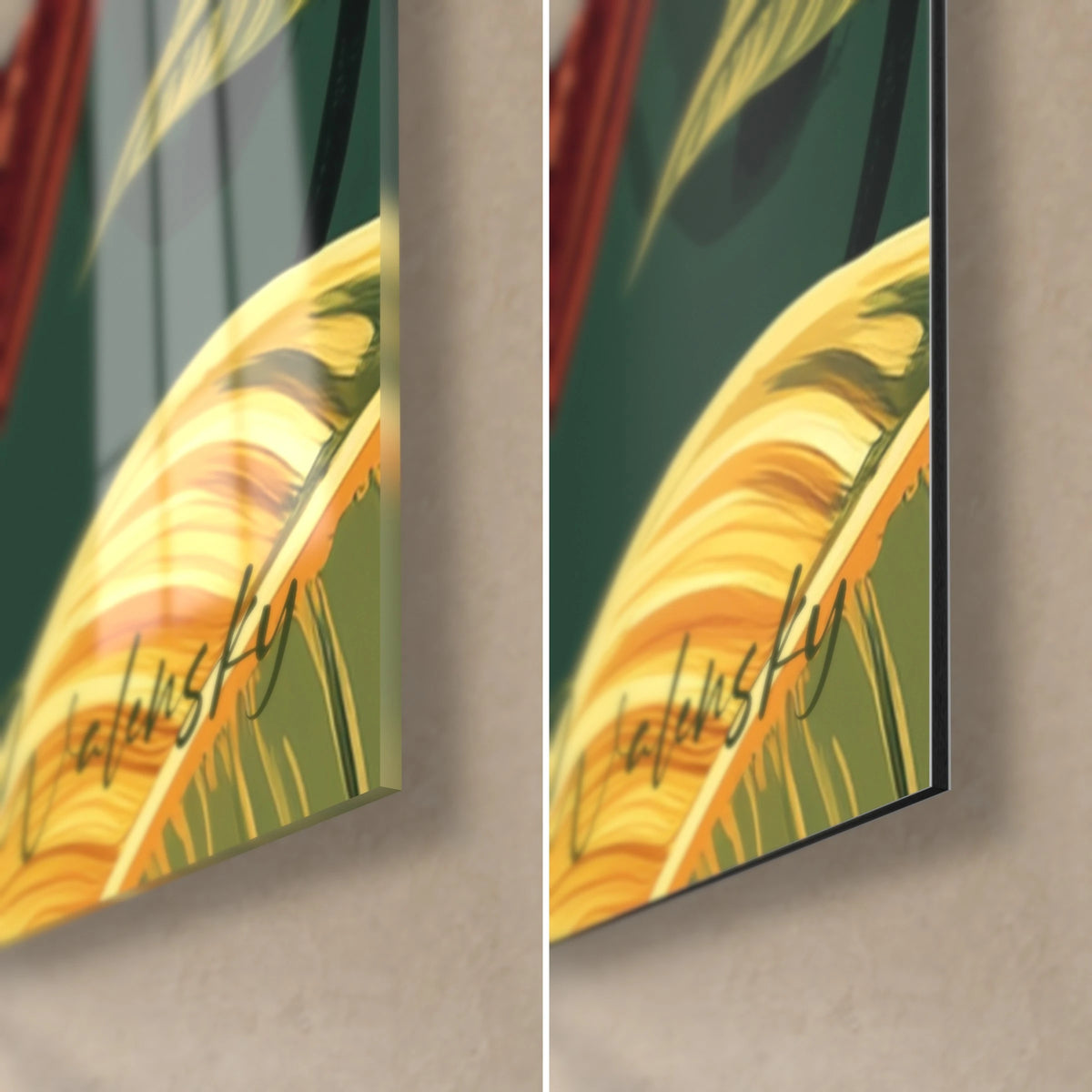 Schilderij met cacaocabosses als illustratie, rechtsonder: glanzend acrylglas links, mat groen en geel Dibond-aluminium rechts