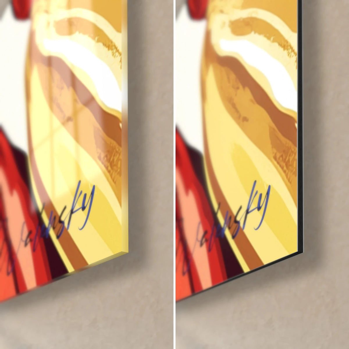 Gemälde mit strohgelben und zinnoberroten Kakaofrüchten, untere rechte Ecke: glänzendes Acrylglas links, matt Dibond rechts
