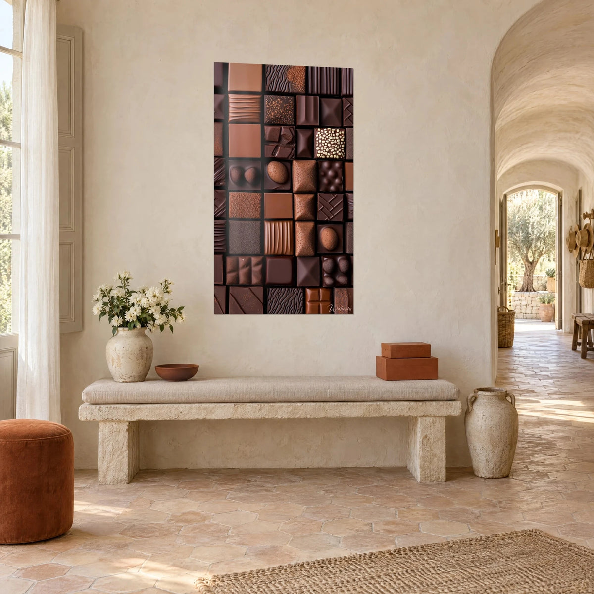 Schilderij assortiment bruine pralines en karamel in schaakbordpatroon, gestreepte repen en romige korrels, op een beige muur van een Provençaals landhuis