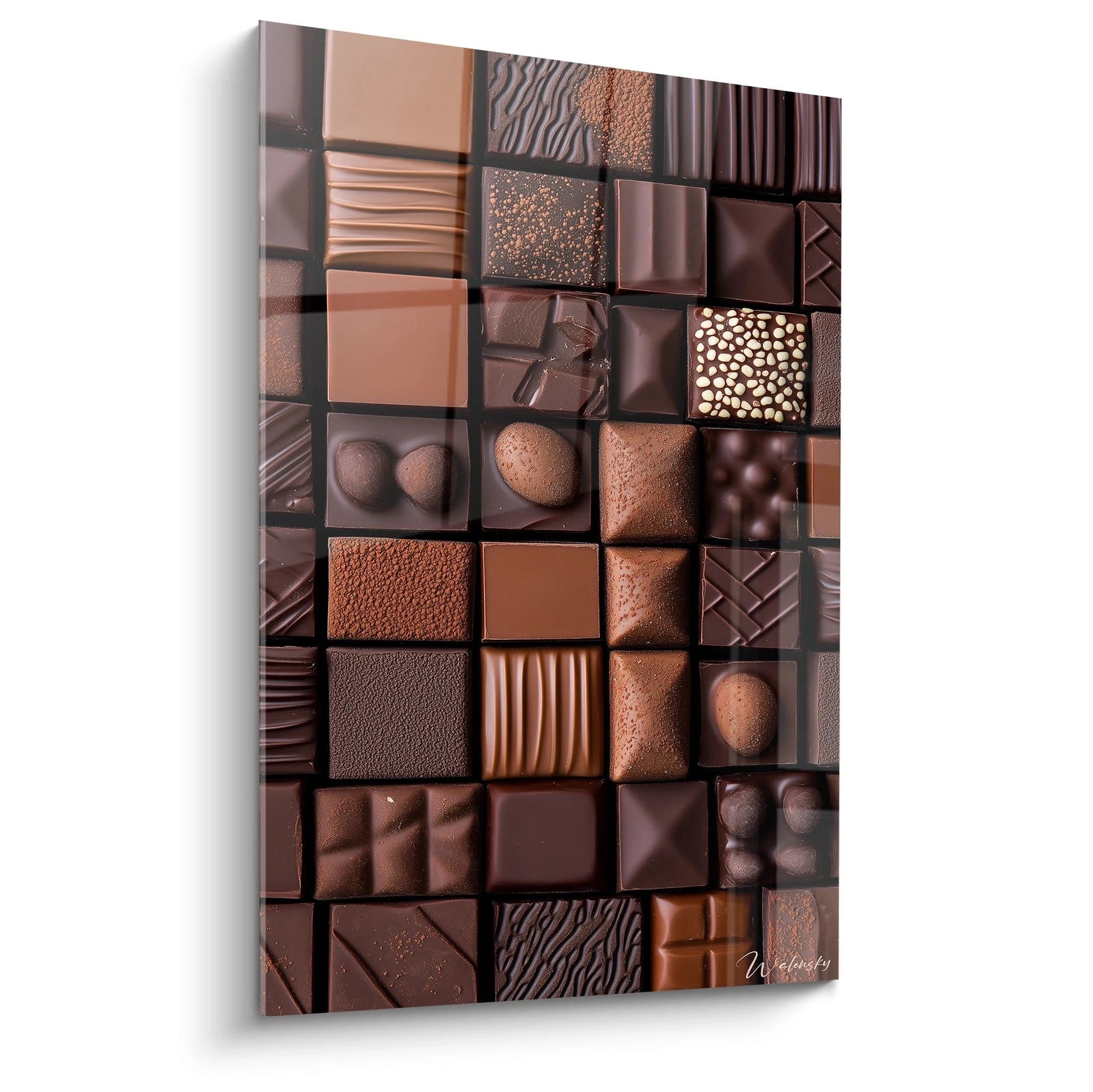 Un tableau chocolat composé d’un assemblage de carrés aux teintes marron, beige et bronze, présentant des textures lisses, gaufrées et poudrées, avec des motifs géométriques et reliefs variés.

