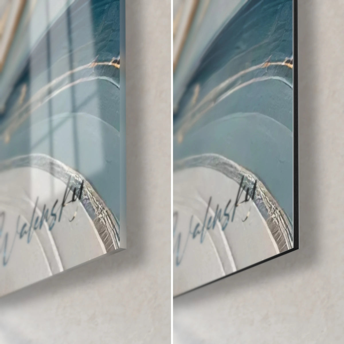 Tableau cétacé noir et blanc, coin bas droit : verre acrylique brillant à gauche, alu Dibond mat à droite, tranche de 3 mm