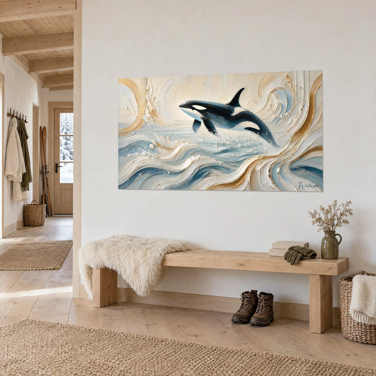 Tableau épaulard jaillissant de l'écume, reliefs crème et bleu acier, filets dorés, en vue de trois-quarts dans un chalet