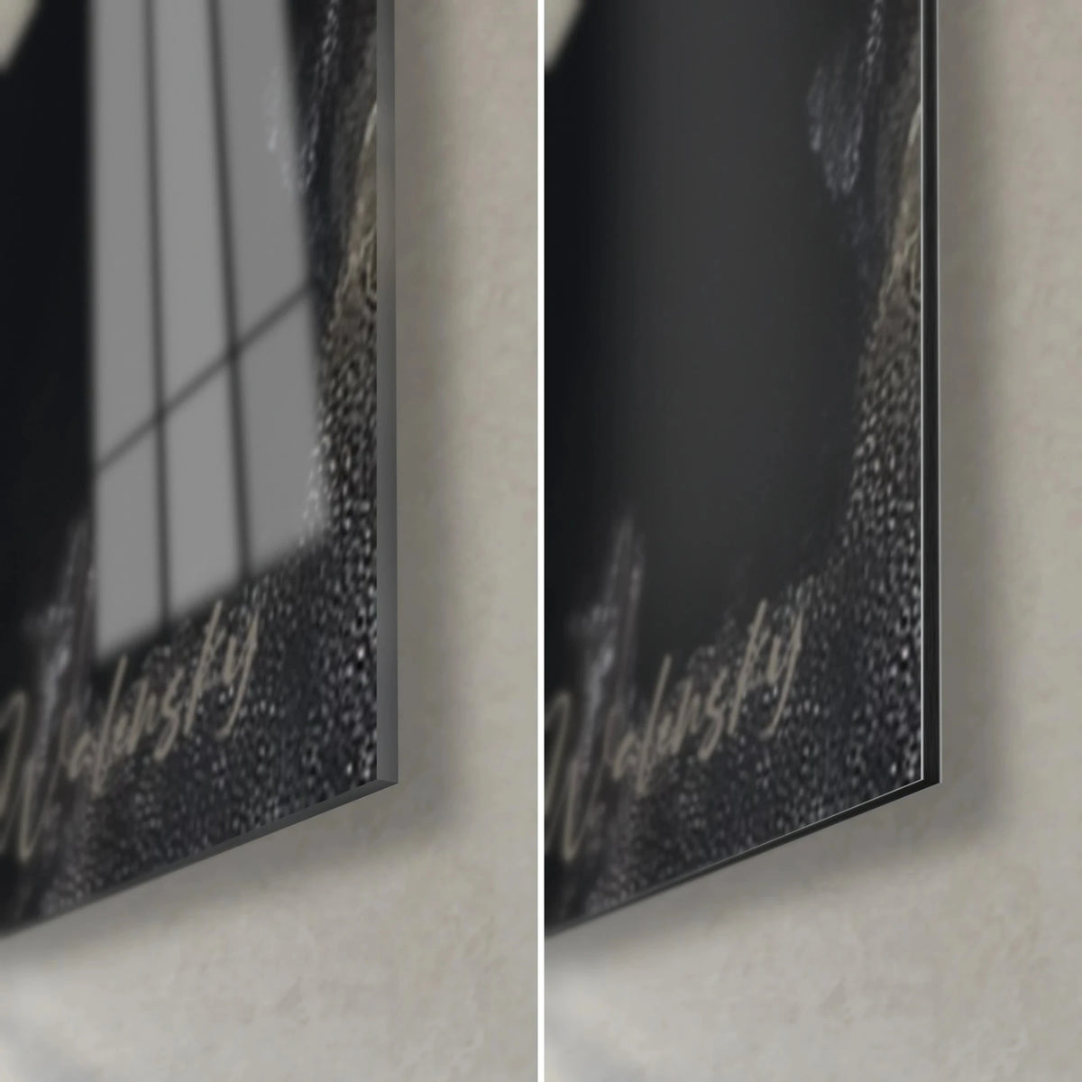 Cuadro lechuza blanca sobre fondo negro, esquina inferior derecha: cristal acrílico brillante a la izquierda, aluminio Dibond mate a la derecha, canto de 3 mm